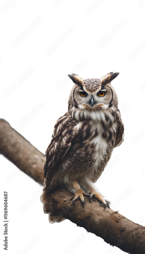 Fototapeta premium Owl on a branch vertical isolated on transparent background