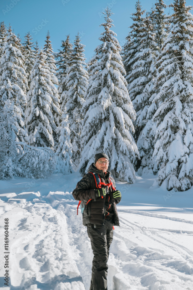 Senior man in the winter forest with snowy pines . Vitosha mountain, ,Bulgaria Senior man in the winter forest with snowy pines . Vitosha mountain, ,Bulgaria