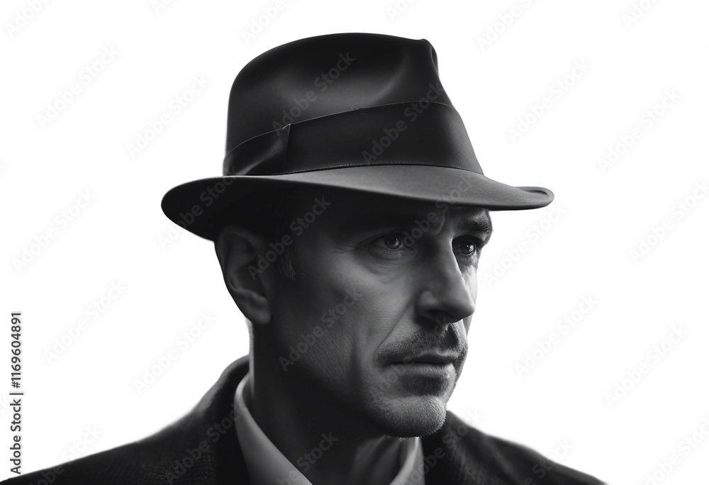 Old fashioned detective or mafia in hat on dark background, black and white color Old fashioned detective or mafia in hat on dark background, black and white color