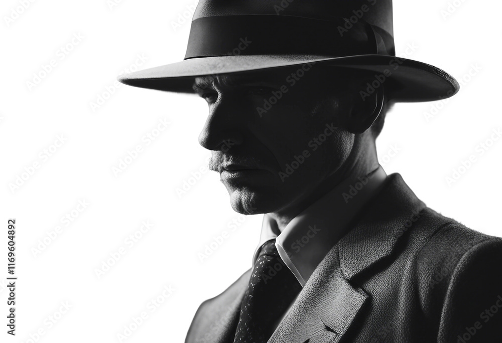 Old fashioned detective or mafia in hat on dark background, black and white color Old fashioned detective or mafia in hat on dark background, black and white color