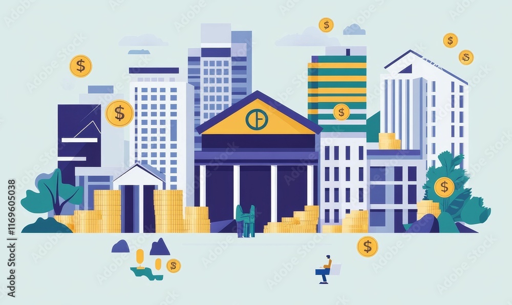 Naklejka premium Cityscape, bank, coins, wealth, prosperity, financial success.