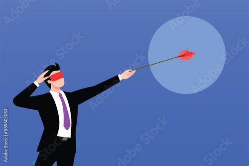 Blindfolded businessman aiming at an unclear target.