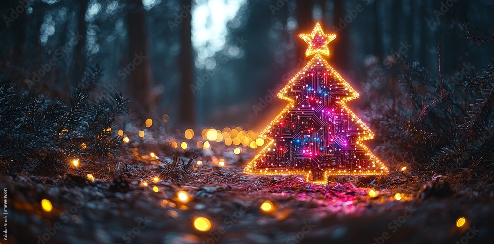 A Christmas tree featuring technological light connections on a blue background A Christmas tree featuring technological light connections on a blue background