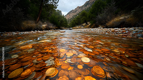 Riverbed filled with submerged coins, clear water.