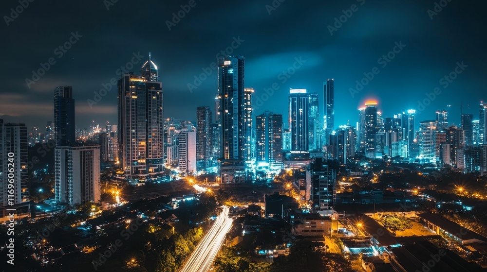Fototapeta premium Night cityscape: illuminated towers, glowing streets.