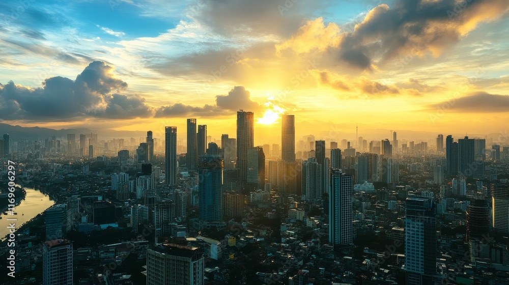 Fototapeta premium Golden sunrise over a sprawling city skyline.