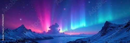 Flashing crystalblue aurora against magenta nebula, stunning night scene , light, glittering, bright photo