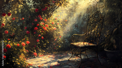 Fototapeta Naklejka Na Ścianę i Meble -  Overgrown victorian wroughtiron garden chair climbing roses dappled sunlight hidden romantic nook impressionist painting style. Wroughtiron. Illustration