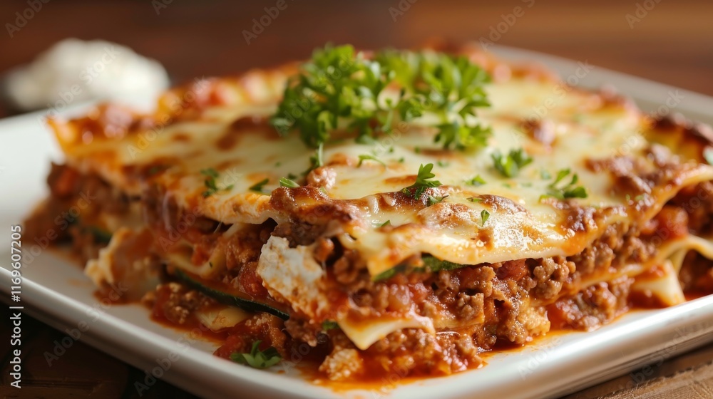 Delicious homemade lasagna with fresh parsley garnish - italian cuisine comfort food for dinner parties Delicious homemade lasagna with fresh parsley garnish - italian cuisine comfort food for dinner parties