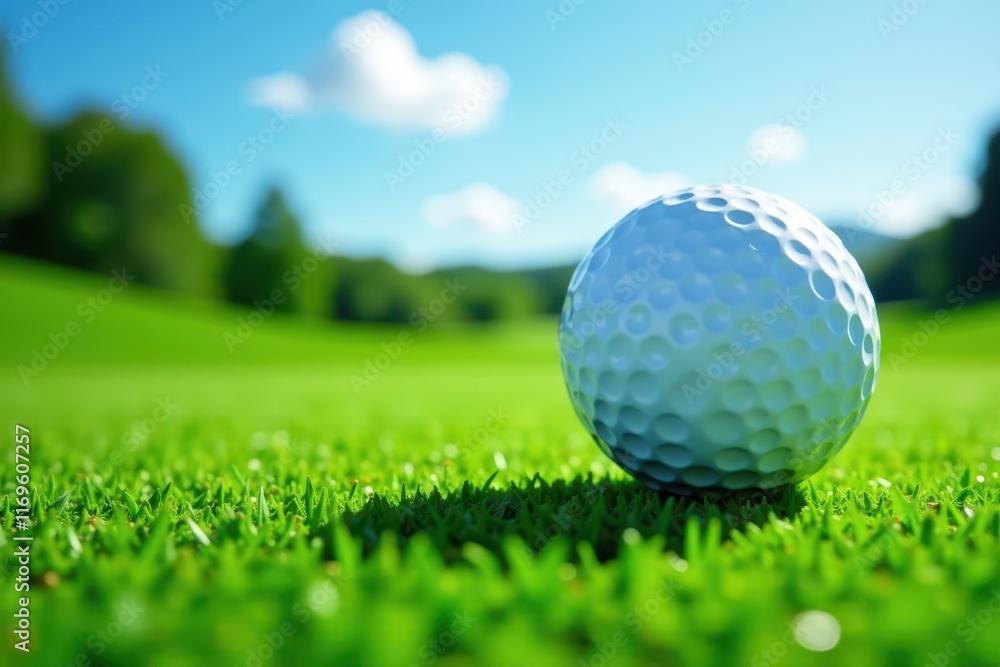 Perfect golf ball on manicured green, azure sky , landscape, field, premium Perfect golf ball on manicured green, azure sky , landscape, field, premium