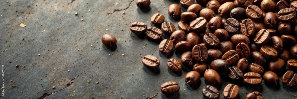 Scattered coffee beans, various shades, textured surface, surface, organic, dark Scattered coffee beans, various shades, textured surface, surface, organic, dark
