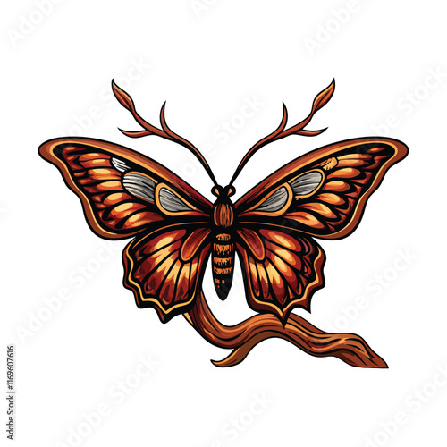 A vector illustration of a detailed butterfly perched on a tree branch.