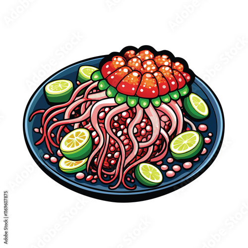 Vector illustration of a colorful platter of cold marinated jellyfish.