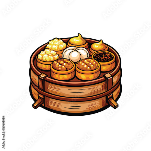 Vector illustration of a dim sum cart filled with various steamed dumplings.