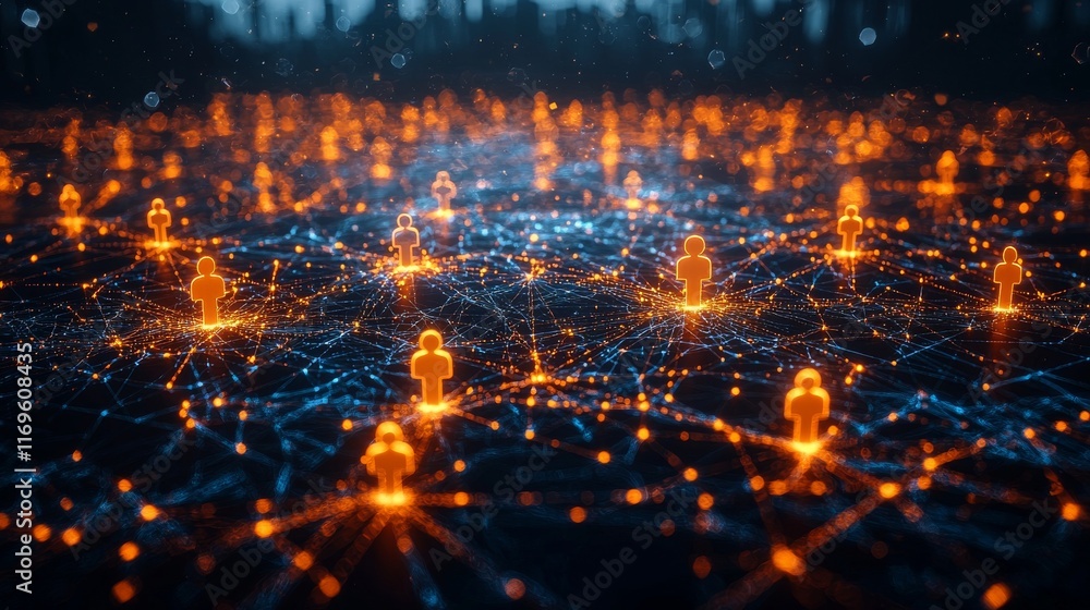 A web of linked blocks adorned with shimmering icons that stand for people, illustrating the extensive global reach and community-driven character of social media networks A web of linked blocks adorned with shimmering icons that stand for people, illustrating the extensive global reach and community-driven character of social media networks