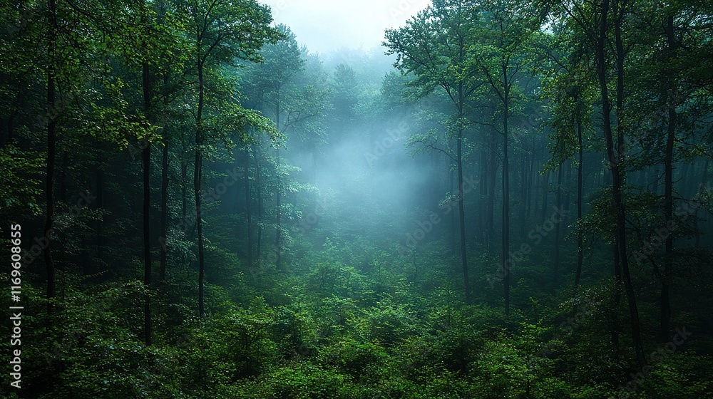 Fototapeta premium A forest brimming with many trees and a central bench nestled amidst it all