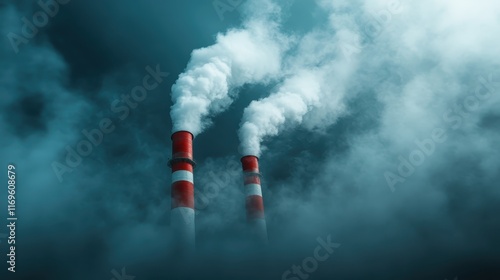 This dramatic image captures industrial smokestacks releasing clouds of smoke, highlighting environmental concerns along with the impact of industrialization on our planet. photo