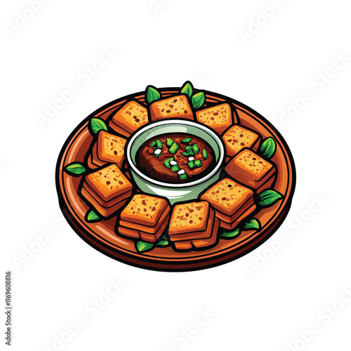 Vector illustration of a plate of crispy fried tofu with a dipping sauce.