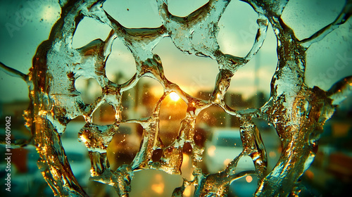 Sunset seen through cracked glass.