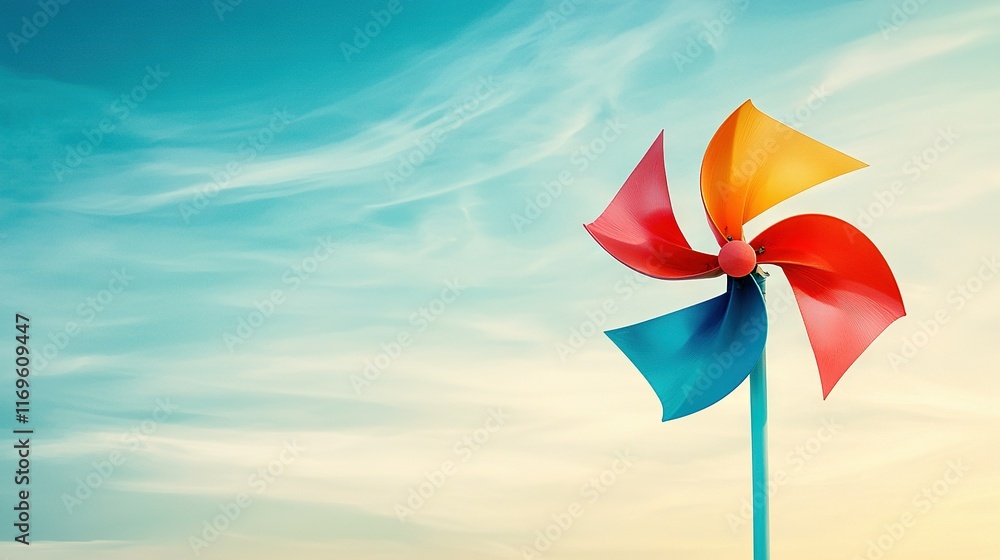 Fototapeta premium A red, yellow, and blue wind spins against a blue sky with wispy clouds