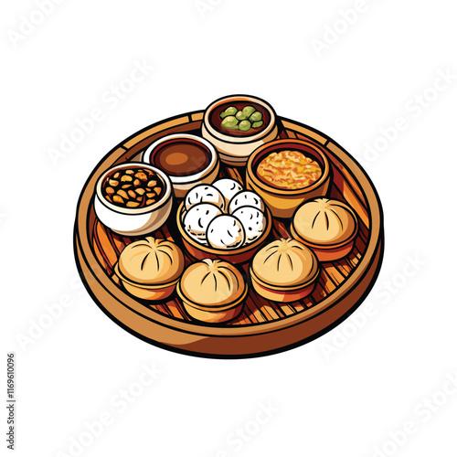 Generate a vector illustration of a traditional dim sum feast with various steamed buns, dumplings, and side dishes.