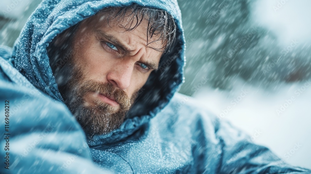 A rugged man with a beard stares intently while bundled in a blue coat amidst a snowy landscape, capturing a moment of deep contemplation in harsh winter conditions. A rugged man with a beard stares intently while bundled in a blue coat amidst a snowy landscape, capturing a moment of deep contemplation in harsh winter conditions.