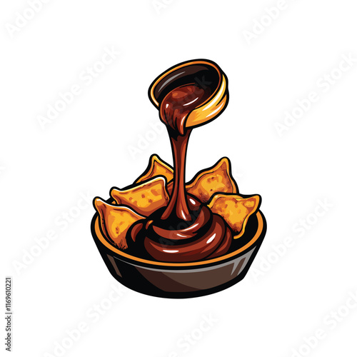 Vector illustration of crispy wontons being dipped into soy sauce.