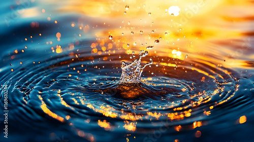 Water droplet impact, creating concentric ripples and splashes at sunset.