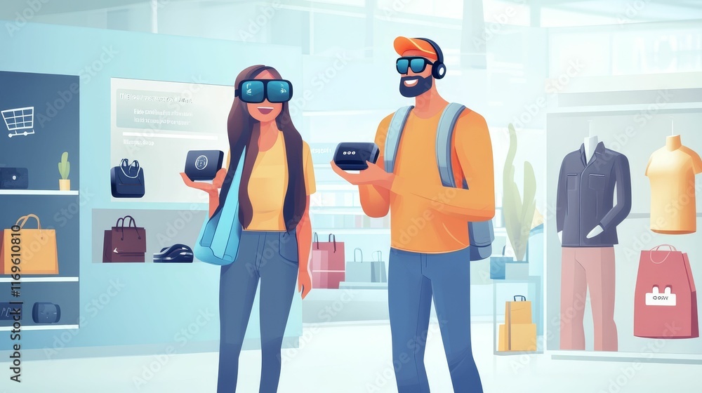 Couple virtually shops, holding devices, in store. Couple virtually shops, holding devices, in store.