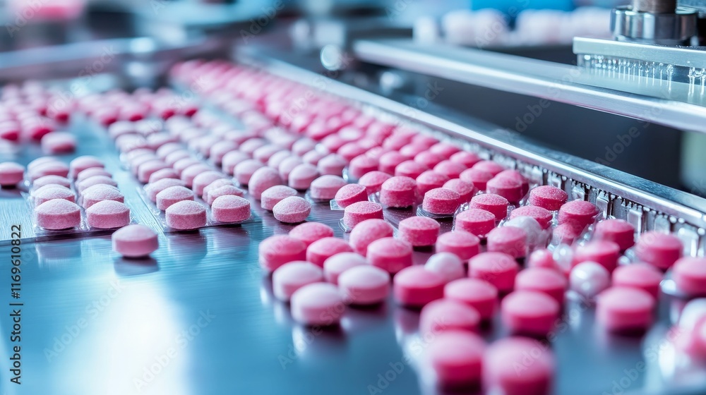 Fototapeta premium Pink pills moving on automated production line.