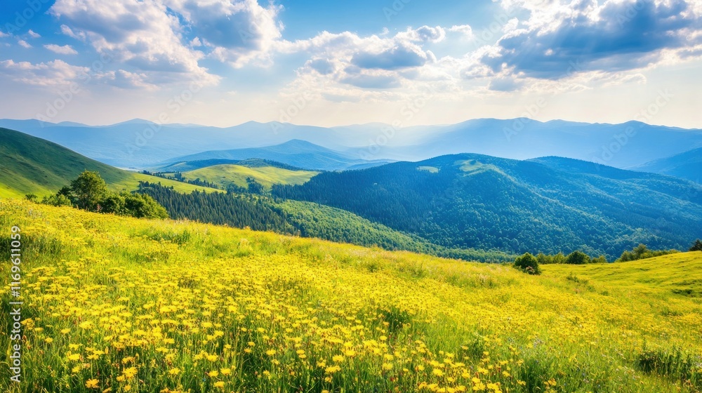 Fototapeta premium Yellow wildflowers bloom across a mountain meadow