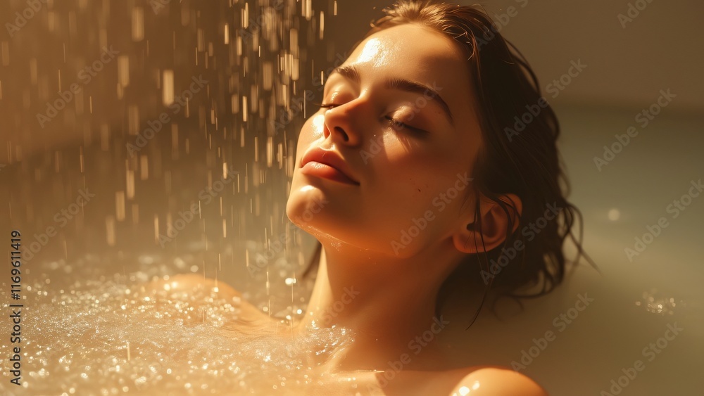 Fototapeta premium Serene Woman Relaxing in Bubble Bath, Golden Hour Sunlight