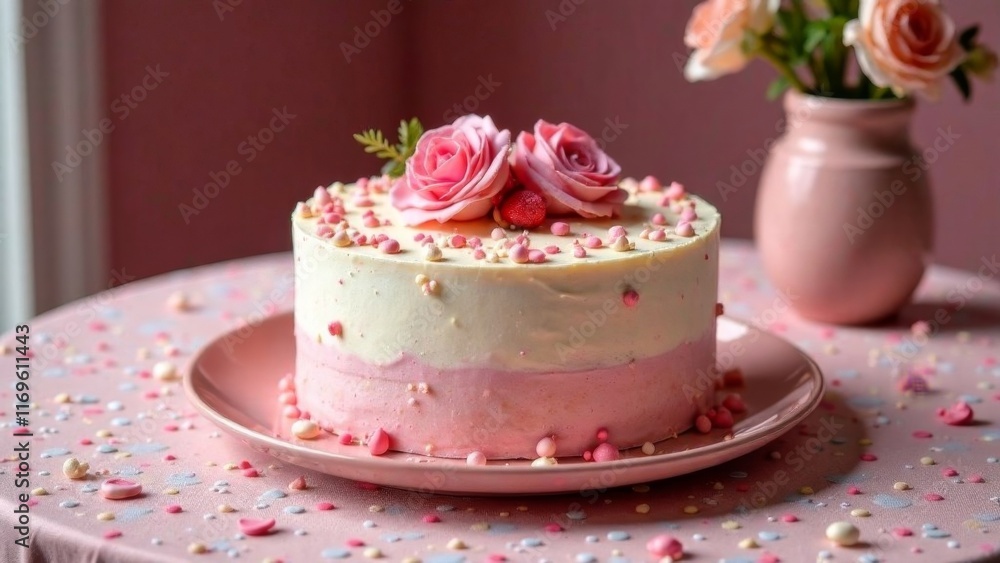 Christmas and New year background with A beautiful pink and white cake with pink roses is placed on a pink plate on a table. The cake is covered in pink and white frosting and has pink and white sprin Christmas and New year background with A beautiful pink and white cake with pink roses is placed on a pink plate on a table. The cake is covered in pink and white frosting and has pink and white sprin