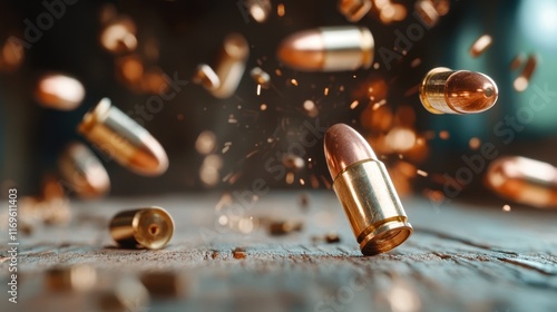 An engaging shot depicting bullets flying outwards from a centered point, creating an explosive effect that highlights tension and kinetic energy in a captivating manner. photo