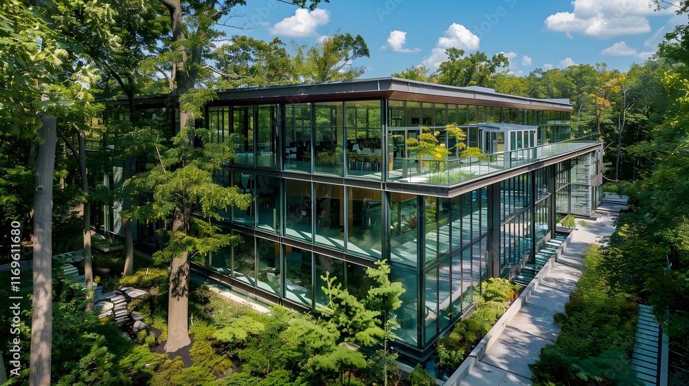 Modern eco-friendly glass office building surrounded by trees, emphasizing sustainability and CO2 reduction. Modern eco-friendly glass office building surrounded by trees, emphasizing sustainability and CO2 reduction.