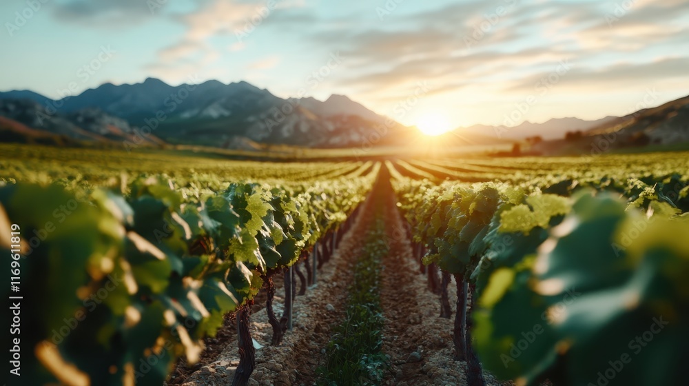 Naklejka premium A picturesque vineyard bathed in golden sunlight, showcasing rows of grapevines that stretch toward the horizon, with mountains and clouds adding depth to the scene.