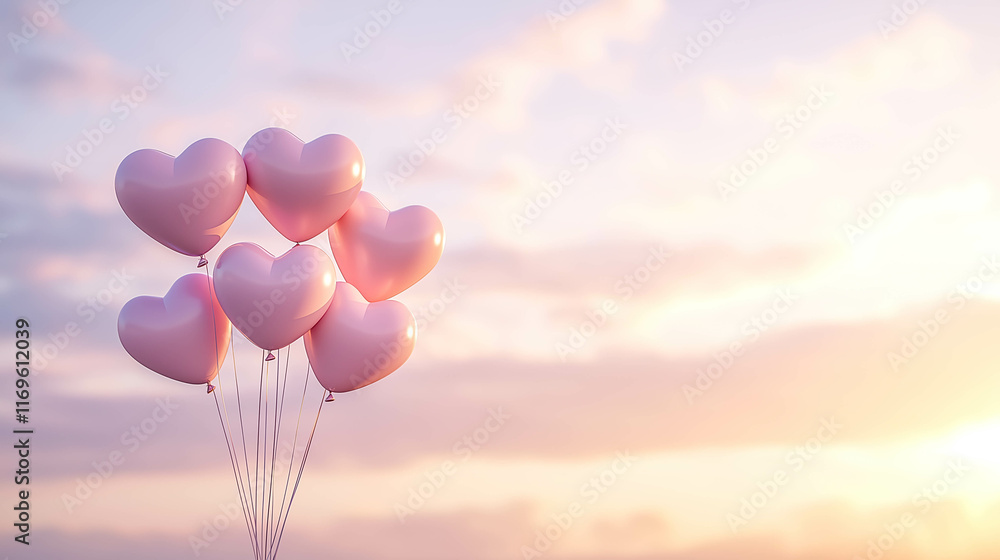 Fototapeta premium romantic horizontal banner with pastel heart-shaped balloons floating against a pale lavender sky, valentine's day concept, copyspace