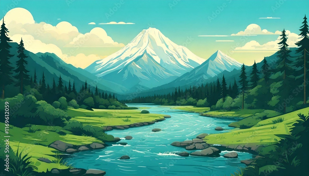 river valley and snow capped mountains