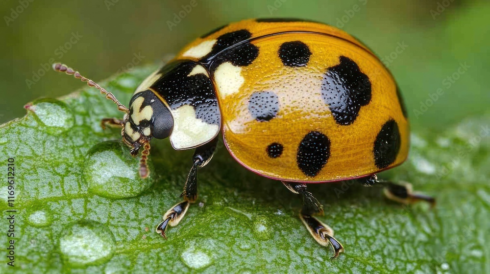 Fototapeta premium Orange Ladybug With Black Spots On A Leaf