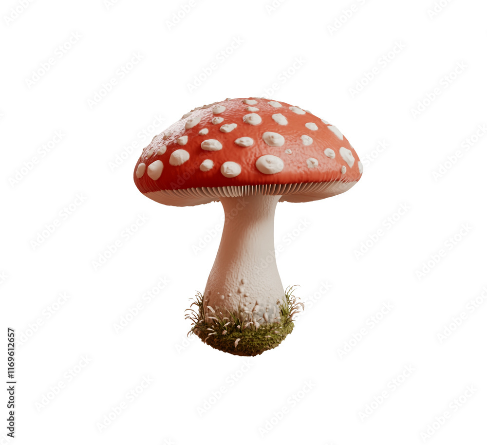 Obraz premium 3D illustration of a red mushroom with white spots, showcasing its whimsical design. Ideal for fantasy or natural designs involving fungi. Isolated on transparent background, png