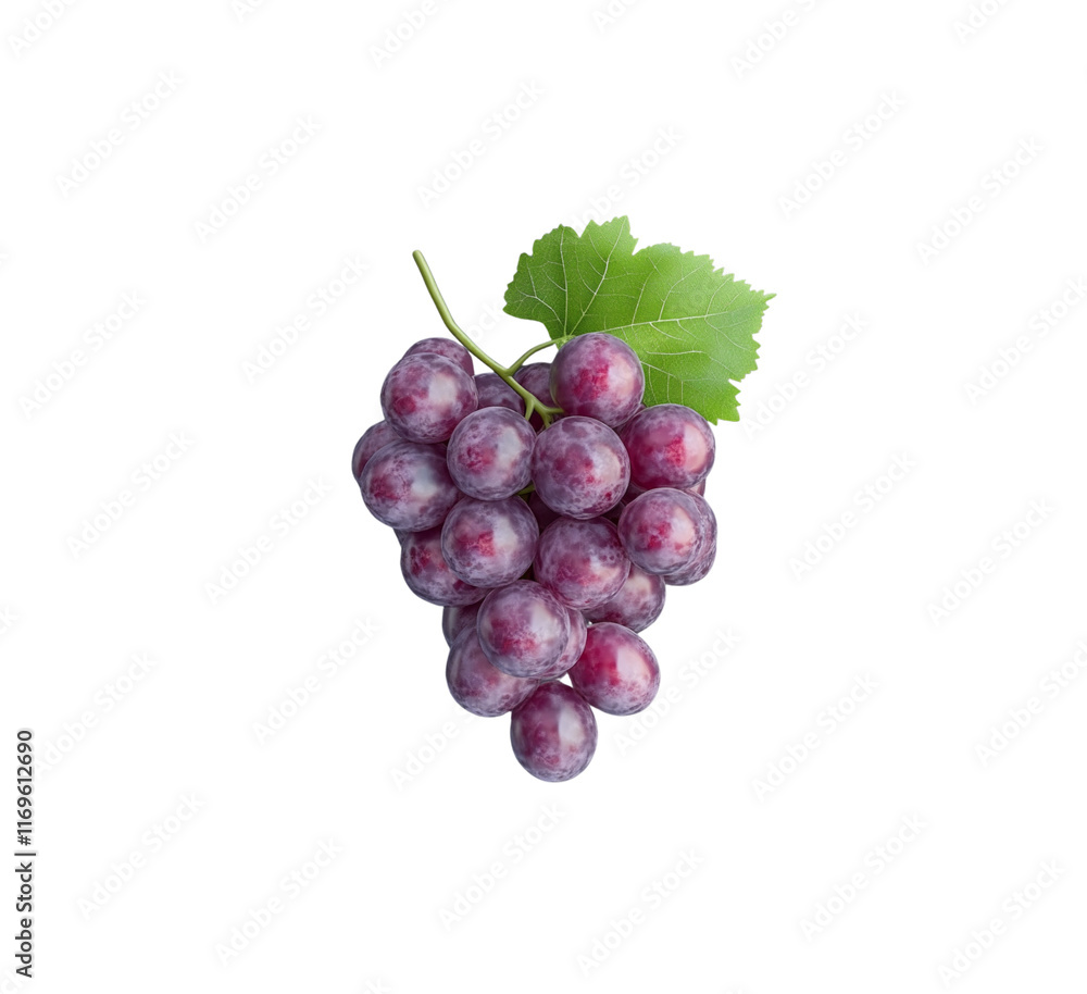 Fototapeta premium 3D bunch of vibrant purple grapes with a green leaf attached, ideal for food, fruit, and healthy lifestyle projects. Isolated on transparent background, png.