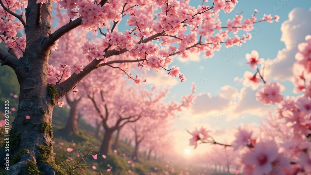 Fototapeta premium Enchanting Pink Cherry Blossom Trees at Sunset