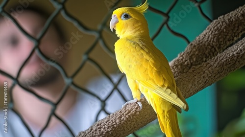 Yellow budgerigar parrot perched on a branch in a cage photo