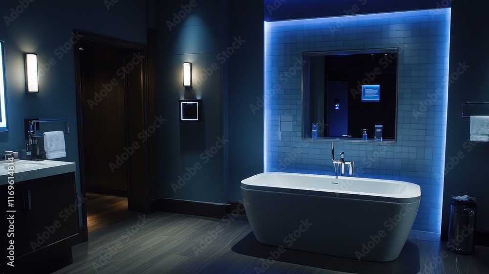 Modern Bathroom With Freestanding Tub And Blue Lighting