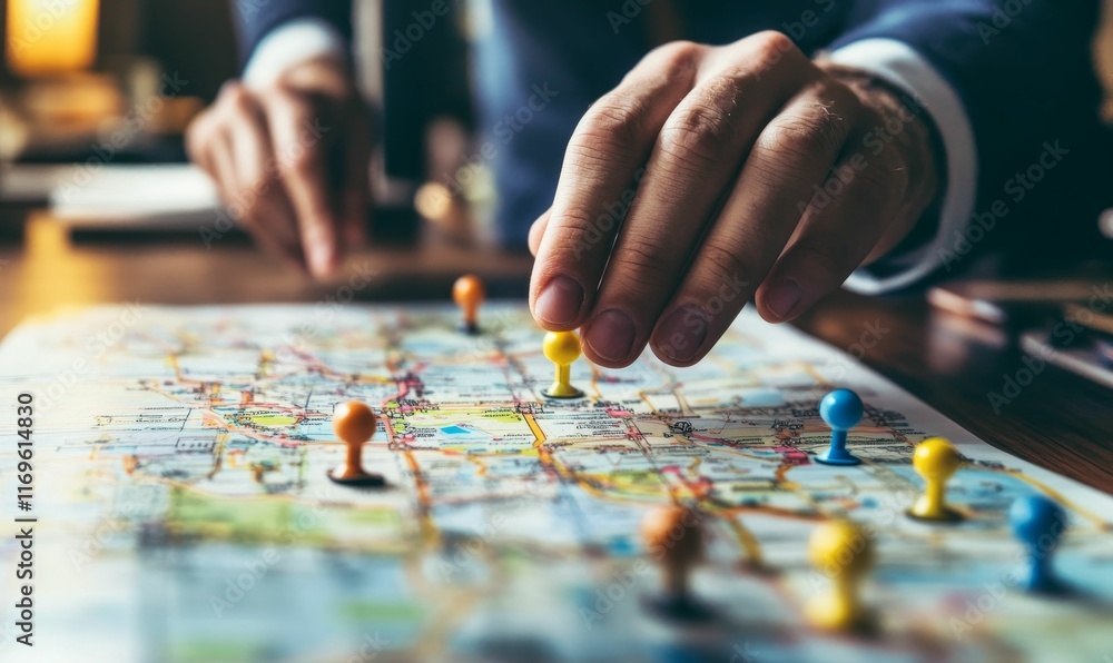 Person placing pins on a detailed map. Person placing pins on a detailed map.