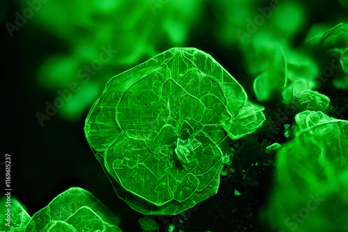 Autunite under short wave UV. Specimen from  Assunção Mine, Aldeia Nova, Sátão, Viseu District, Portugal. Micro photography extreme close-up. microscope mineral crystal photography for Scientific use
