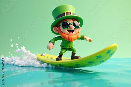 A playful leprechaun surfs on a bright yellow shamrock-patterned surfboard, riding ocean waves under a sunny sky. 3D illustration, St.Patrick's day