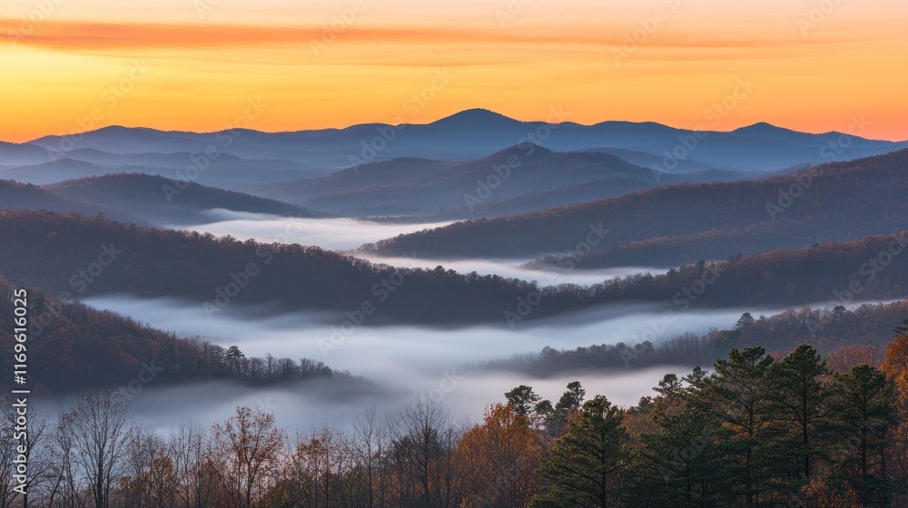 Fototapeta premium Majestic Mountains Sunrise Foggy Valley Landscape