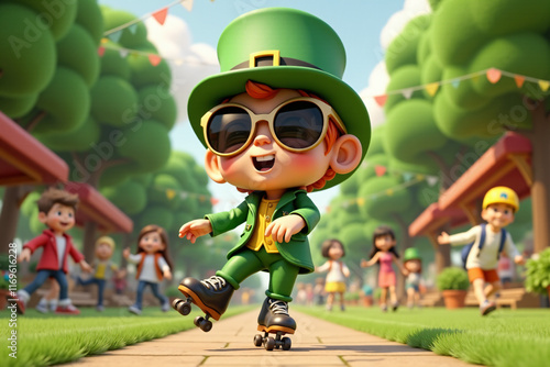 A playful leprechaun in green attire roller skates joyfully at an outdoor fair surrounded by children and colorful decorations. 3D illustration, St.Patrick's day
