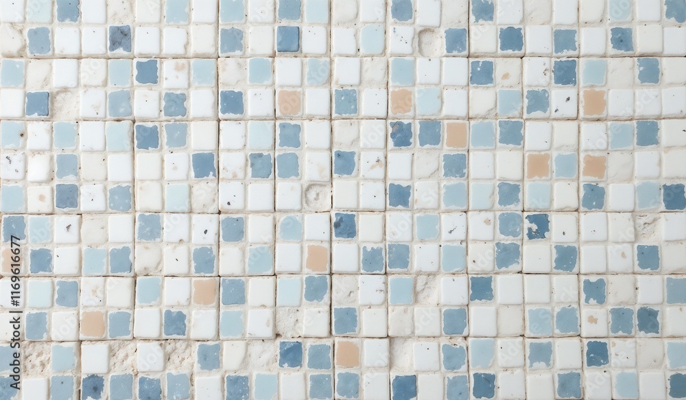 Tiled mosaic background, decorative blue, light blue, and beige square tiles arranged in a repetitive pattern, structured design Tiled mosaic background, decorative blue, light blue, and beige square tiles arranged in a repetitive pattern, structured design